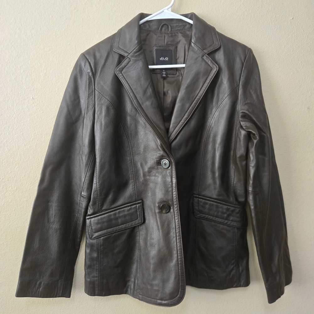 JLC New York Womens Black Leather Blazer Jacket Size S Two Button Tailored Y2K